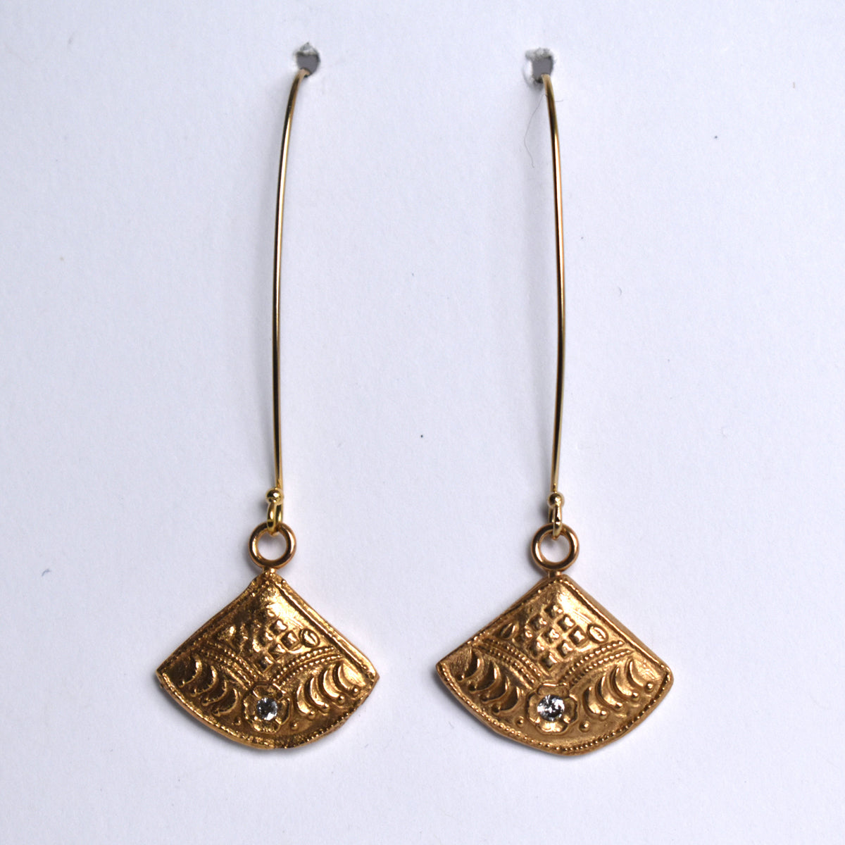 Handformed bronze with CZ on gold-filled wire earrings