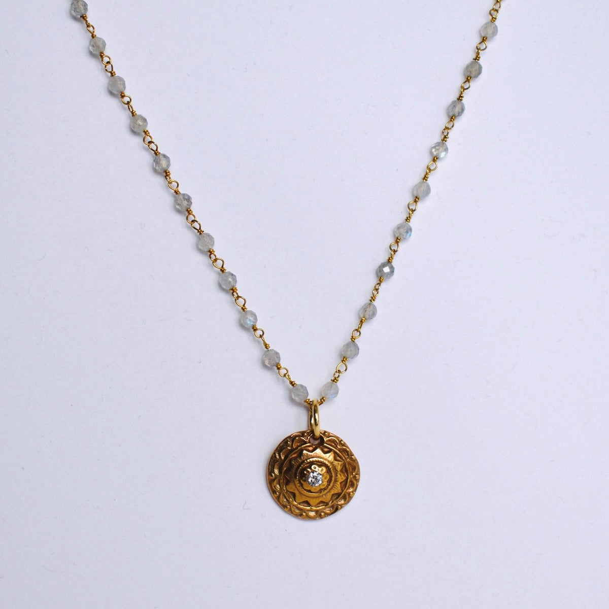 Handformed bronze pendant with CZ and handmade chain